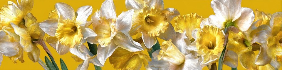 A vibrant display of yellow and white daffodils against a solid yellow background in a close up view