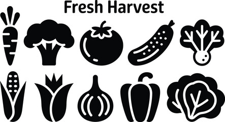Collection of fresh vegetables and produce icons on white background