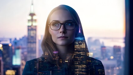 Woman with glasses overlaid with cityscape at sunset