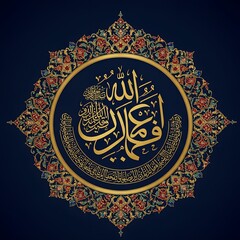 A complex islamic calligraphy art with floral border and circular composition