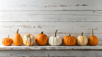 Assortment of autumn pumpkins lined up on a rustic wooden surface