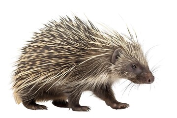   Studio macro shot of a porcupine standing side-on, quills sharply rendered with individual tips visible, soft fur and claws in crisp focus, evenly lit and isolated cleanly on a transparent white.