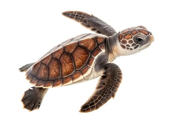  Studio macro shot of a sea turtle hatchling viewed from above, patterned shell and flippers clearly defined, moist texture and natural curves enhanced by soft lighting.