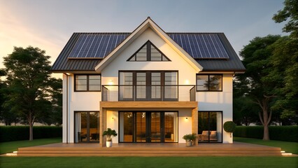Modern eco friendly house with solar panels and large windows