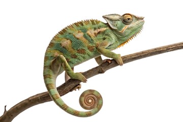  Studio macro shot of a horned chameleon clinging to an invisible perch, skin texture and ridged horns highlighted in fine detail, coiled tail and gripping feet visible, softly lit with no shadows.