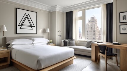 Fototapeta premium Elegant hotel room with city view.