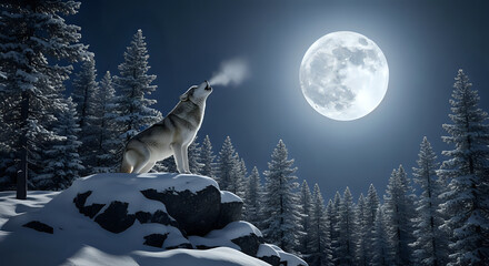 Majestic wolf howls at luminous full moon amidst a snow-covered pine forest, evoking wildness and winter's serene beauty