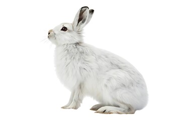 Studio macro image of a snow-white Arctic hare sitting upright, thick fur and small paws rendered in soft clarity, gentle neutral lighting with no background interference, fully cut out on a white.