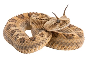  Studio macro photo of a desert horned viper coiled in resting pose, rough-scaled texture and distinct horn structures clearly defined, side-lit to enhance surface detail.