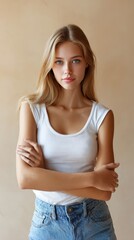 Young woman in white tank top and jeans posing for clothing mockup