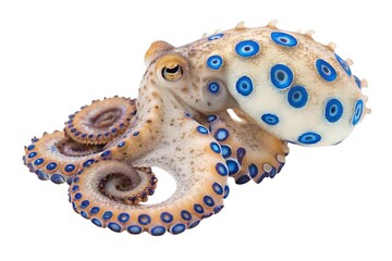  Macro photo of a blue-ringed octopus curled with visible suckers and vivid rings glowing under soft neutral light, sharp edge detail and soft body contrast, no reflections or shadow.