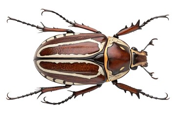  Macro full-body shot of a goliath beetle resting flat, hardened shell and horn details captured in sharp resolution, viewed top-down, evenly lit with no shadow, isolated on a white background .