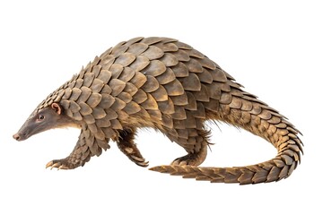  Macro full-body image of a pangolin walking slowly with tail extended, armored scales individually defined in soft overhead light, claws and facial detail sharply focused, isolated on pure white .