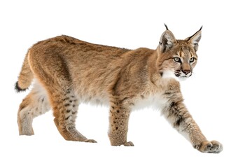  Full-body macro image of a young lynx walking with focused gaze, pointed ears and thick fur sharply defined, muscular body lit evenly, no environmental distractions, fully isolated on pure white .