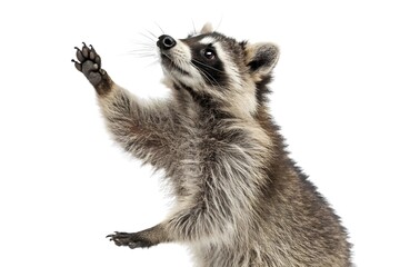  Full-body macro image of a raccoon standing on hind legs, paws slightly raised, fur texture and masked face rendered with crisp lighting, eyes reflecting studio lights.