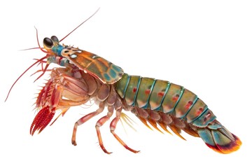  Full-body macro image of a mantis shrimp in aggressive stance, colorful exoskeleton with high contrast lighting revealing every armor segment, no floor or reflections.
