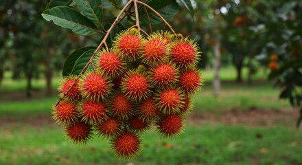 Vibrant Cluster of Fresh Rambutan Fruits Hanging from Branch in Lush Orchard Setting