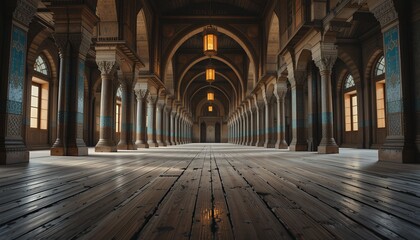 Obraz premium spacious interior of historical building with rows of decorated columns and wooden floor