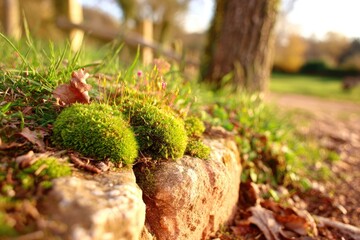 Close-up of vibrant green moss clumps on a stone wall, surrounded by grass and fallen leaves