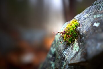 Close-up of moss and tiny plants on a weathered rock