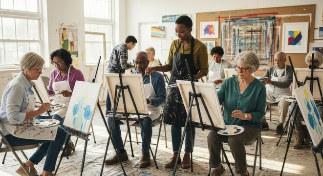 Diverse Seniors Enjoying Art Class, Instructor Guiding Painting Techniques, Bright Studio.