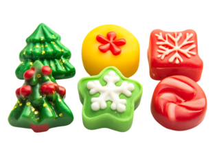 Assortment of festive christmas candies including trees stars snowflakes and swirls isolated on transparent background