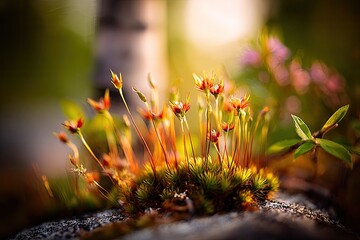 Tiny orange-red flowers emerge from mossy ground, bathed in golden sunlight