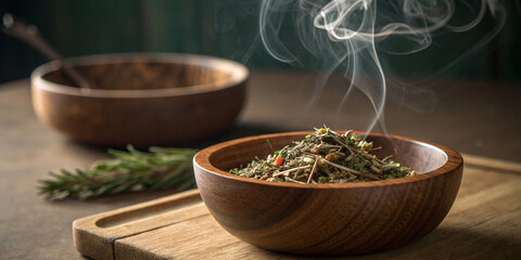 green tea in a wooden bowl