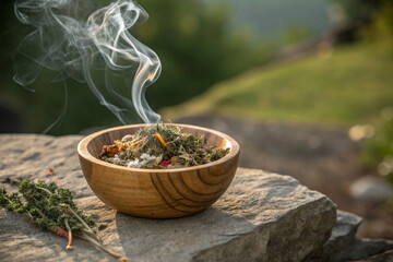 green tea in a wooden bowl