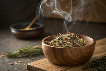 green tea in a wooden bowl