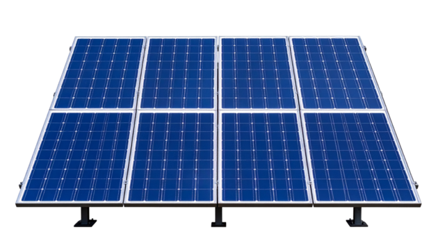 High-quality PNG of a solar panel isolated on a transparent or white background, front angle, clean and realistic design