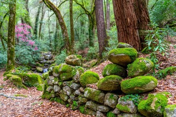 Moss-covered rocks and stone wall in a lush forest