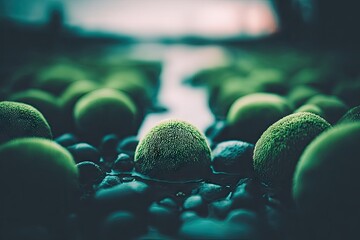 Close-up of mossy stones by a stream