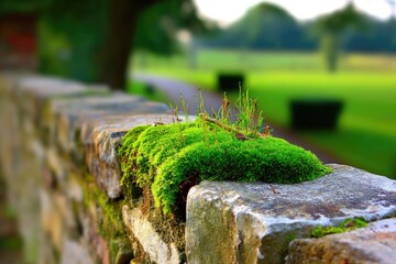 Moss-covered stone wall, blurred garden background