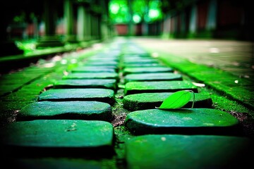 Pathway lined with mossy, dark green stones, single leaf