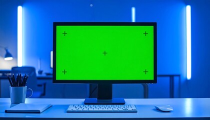 Computer monitor on a desk with green screen