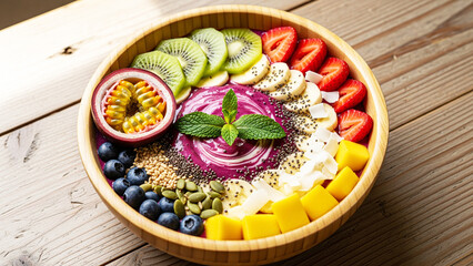 Colorful and Healthy Smoothie Bowl with Fresh Fruits and Seeds