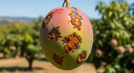 Diseased mango fruit with anthracnose fungus hanging in an agricultural orchard