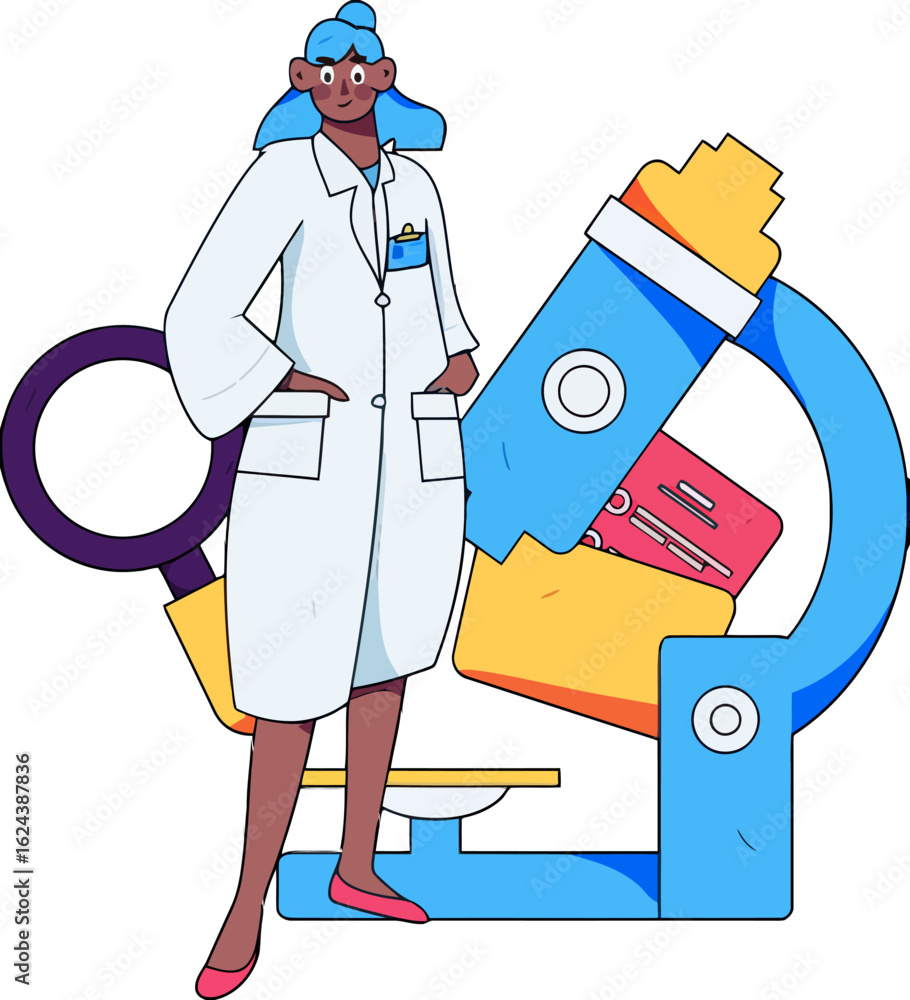 Poster confident scientist with a microscope in a modern lab, ready to make discoveries and advance researc