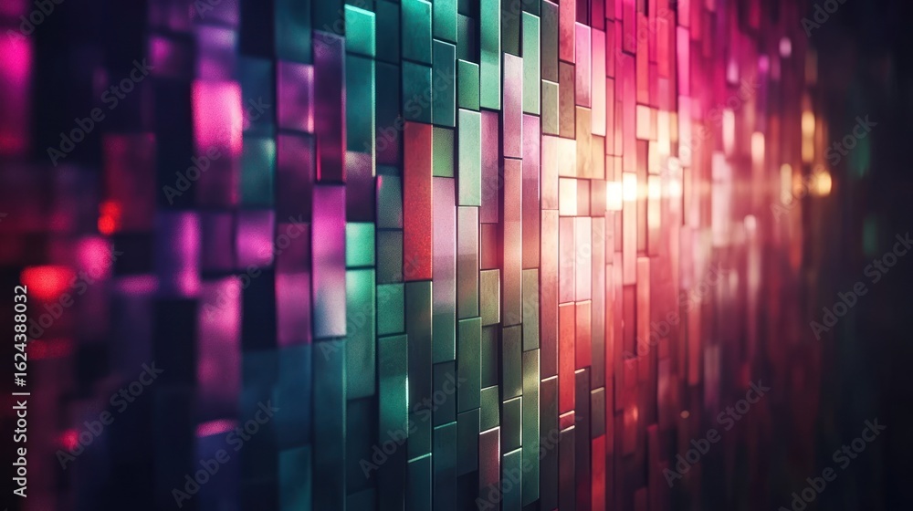 Poster colorful geometric pattern of 3d rectangular blocks illuminated with neon lights