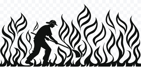Silhouette of Firefighter Battling Flames Black and White Graphic Illustration Showing Courage and Dedication in a Dangerous Situation Promoting Fire Safety