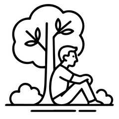 Black and White Vector Illustration of a Person Sitting Under a Tree in Minimalist Style