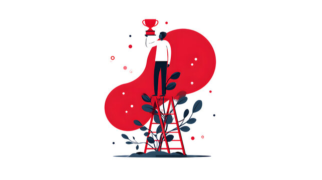 Vector illustration of a successful person on a ladder raising a winner's trophy. A concept of business achievement, career growth, and reaching the top.