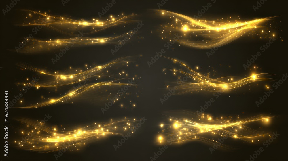 Poster golden sparkle trail: an enchanting set of dynamic trails of radiant golden particles and light, flo