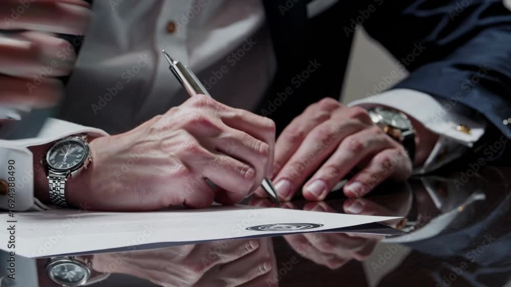 Poster close-up video shot of hands signing a document on a reflective table, emphasizing detail and profes