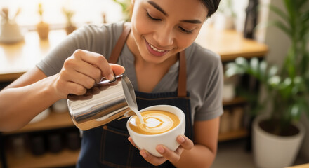 Smiling professional Asian barista making latte art, pouring steamed milk into a white cappuccino cup in a cafe