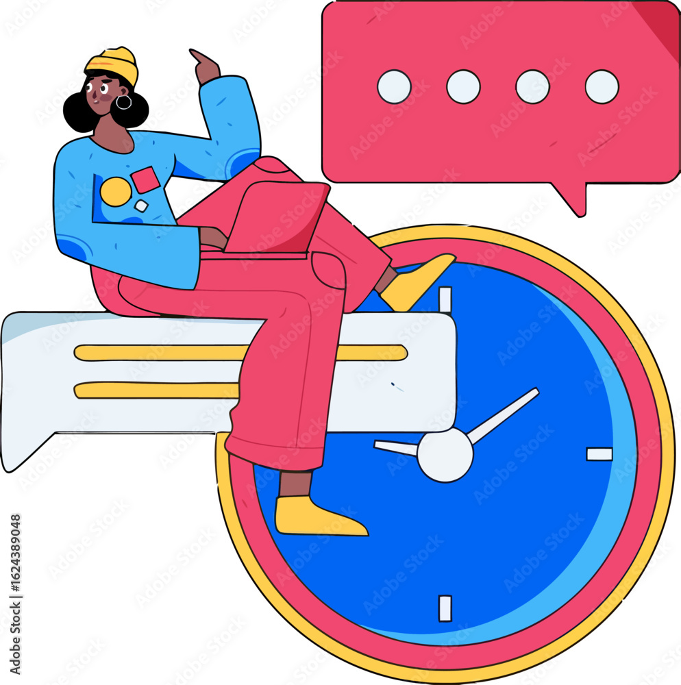Poster stylish woman manages time and communication effectively, sitting on a clock while coordinating with