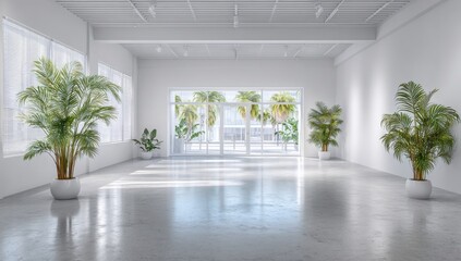 Fototapeta premium Bright and Airy Interior Space with Palm Trees, Large , and Reflective Flooring.