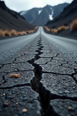 A Cracked Asphalt Road Leading Through a Mountain Pass with a Delicate Dried Plant on the Surface