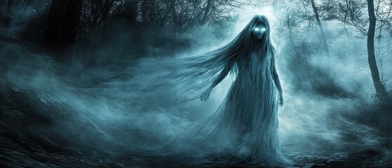 Fototapeta premium Ghostly figure in misty forest at night